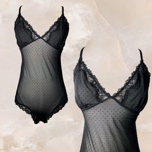 Black Lace Bodysuit Lingerie Sheer Polka Dot Open Back Goth Whimsigoth Sz ~M / L